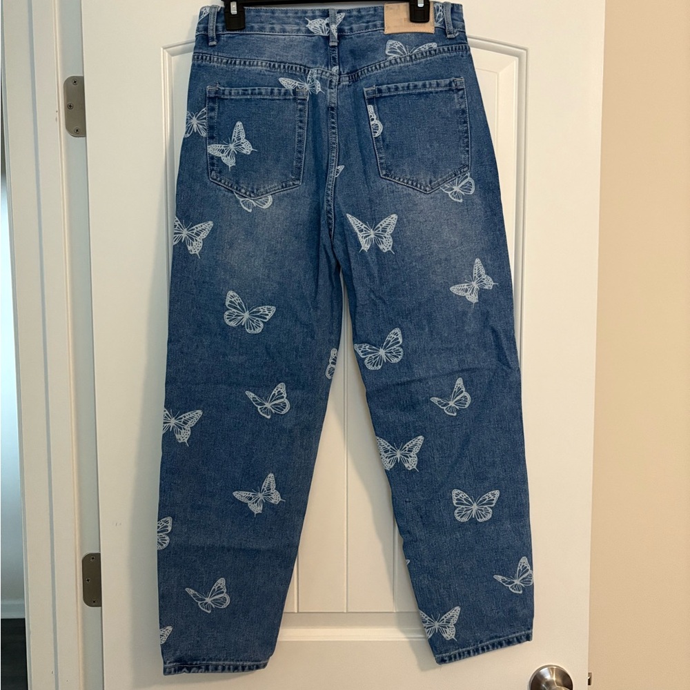 Blue Sky Women's Boyfriend Jeans with White Butterfly Print - Blue Denim - Picture 2 of 5